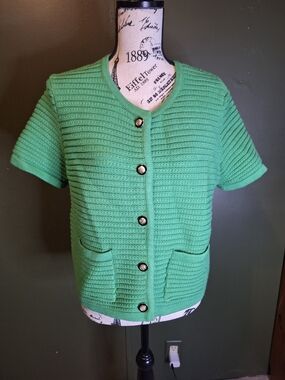 Green Short-Sleeve Knit Cardigan Sweater - Brand Unspecified